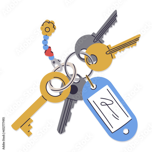 Door keys. Real estate property entrance keys, modern key bunch with plastic tag and keychain. Apartment keys flat vector illustration