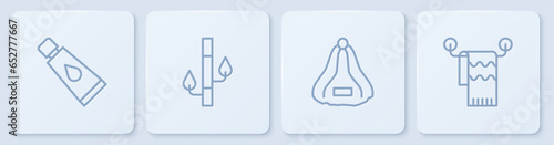 Set line Cream or lotion cosmetic tube, Sauna hat, Bamboo and Towel hanger. White square button. Vector