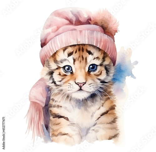 Watercolor illustration, Cute winter tiger cub. Generative AI, png