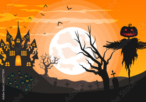 Orange Background illustration of halloween with creepy scarecrow and scary haunted house against a full moon