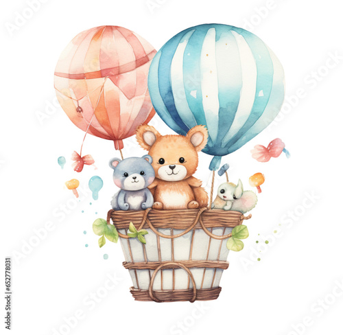 Watercolor illustration  travel balloon with cute animals. Generative AI  png