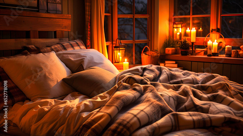 Cozy winter bedroom with flannel bedding and soft lighting.