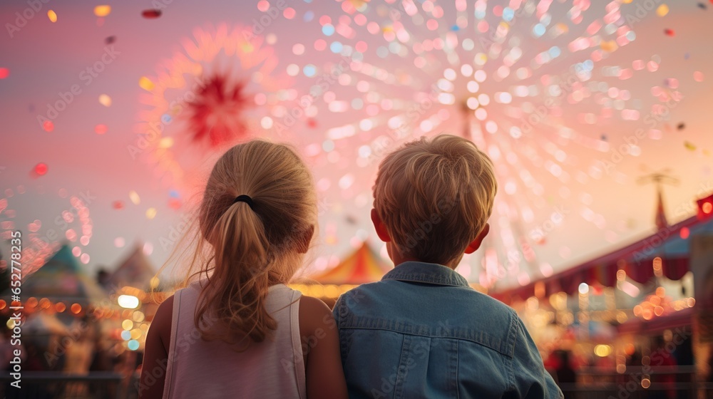 Two children, hands intertwined, stand in awe, gazing at the enchantment of a carnival. Behind them, a brilliantly Ferris wheel pierces the twilight, surrounded by candyfloss-like clouds