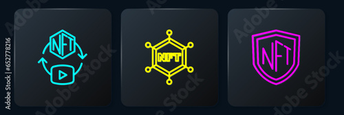 Set line NFT Digital crypto art, shield and blockchain technology. Black square button. Vector