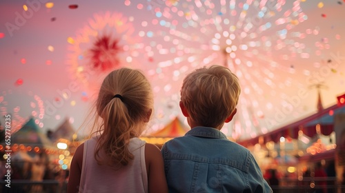Obraz na płótnie Two children, hands intertwined, stand in awe, gazing at the enchantment of a carnival. Behind them, a brilliantly Ferris wheel pierces the twilight, surrounded by candyfloss-like clouds w salonie
