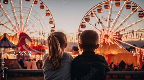 Two children, hands intertwined, stand in awe, gazing at the enchantment of a carnival. Behind them, a brilliantly Ferris wheel pierces the twilight, surrounded by candyfloss-like clouds photo