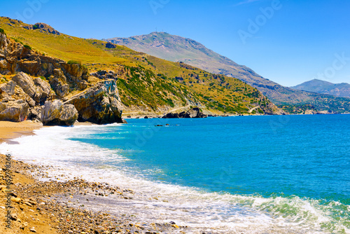 Obraz na płótnie Panorama of sunny day at Preveli beach, Crete island, Greece. w salonie