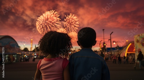 Two children, hands intertwined, stand in awe, gazing at the enchantment of a carnival. Behind them, a brilliantly Ferris wheel pierces the twilight, surrounded by candyfloss-like clouds