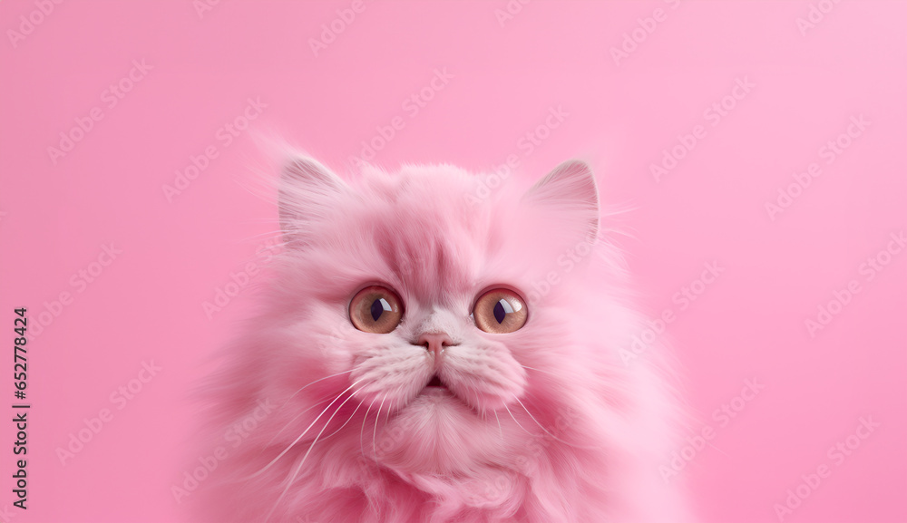 Portrait of millennial pink or purple cat on pink background