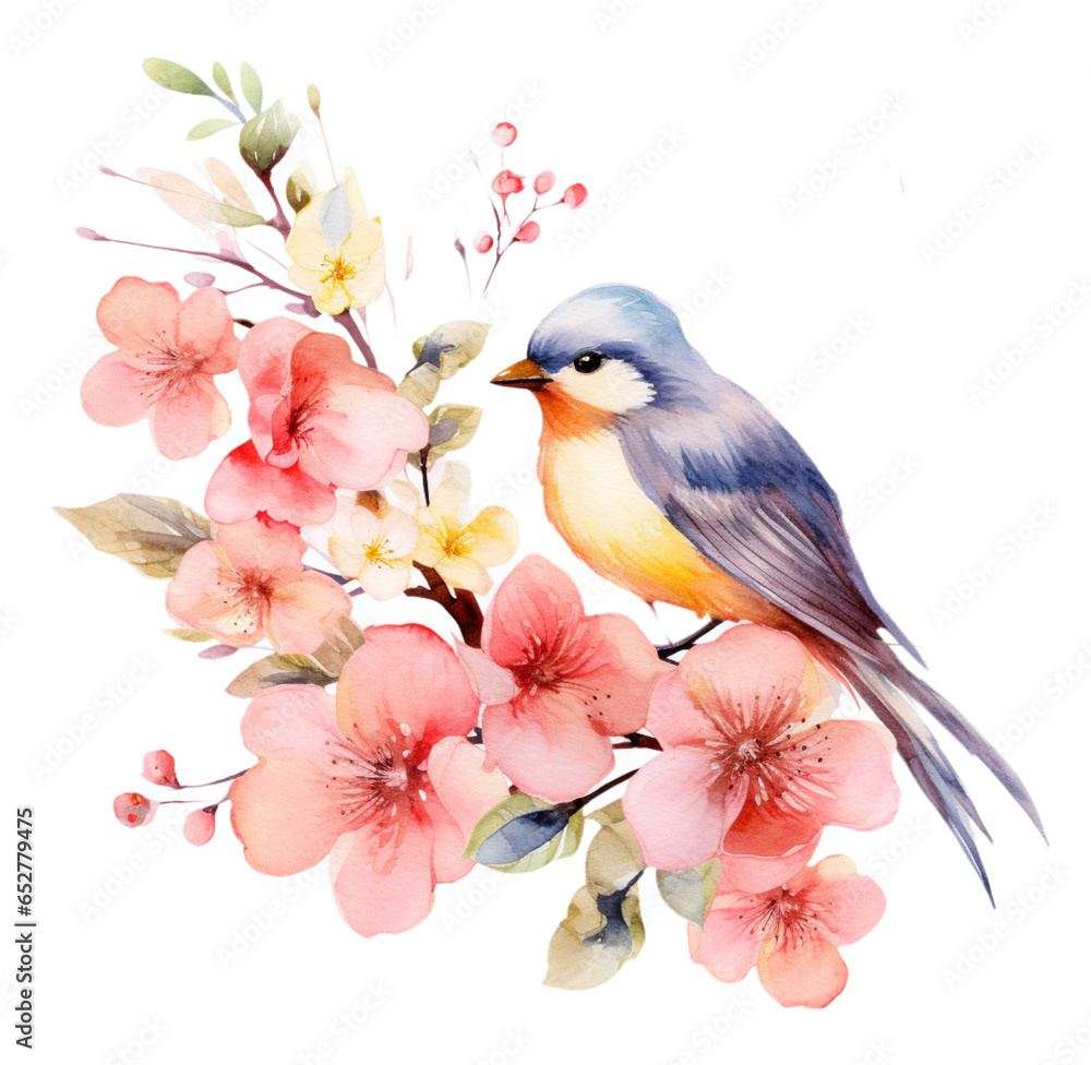 Watercolor illustration of spring bird. Generative AI, png image.
