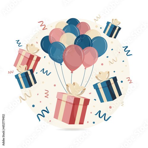 Illustration vectorielle éditable sur le thème de l'anniversaire - Cadeaux et ballons pour souhaiter un joyeux anniversaire ou pour une fête prénatale -  Éléments festifs, couleurs douces photo