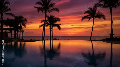 A sublime infinity pool, nestled within a high-end hotel, flawlessly connects with the pristine beach horizon. The setting sun drapes the canvas of the sky in mesmerizing shades of orange, pink © Kristian