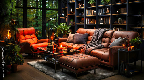 Modern bachelor pad with dark tones and leather seating. photo