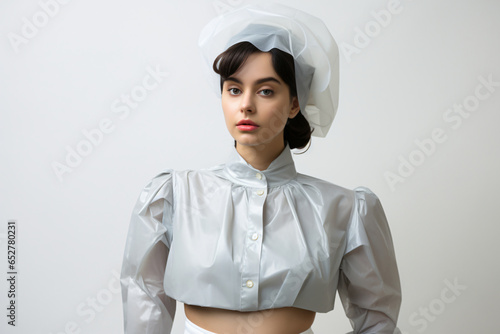 young woman wearing a fashion-forward recycled outfit against a plain background,save world concept