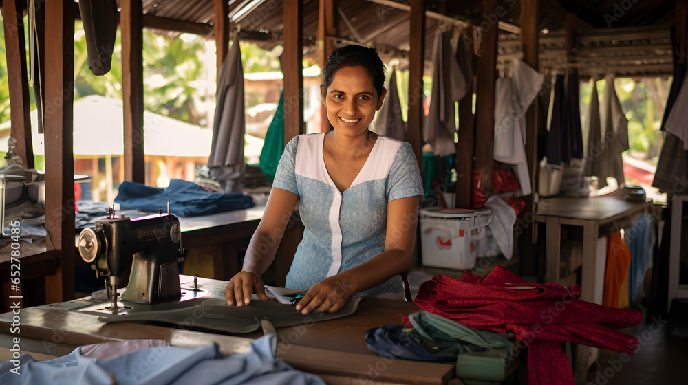 smlillng tailor gril and her cloths shop is in background smlillng tailor gril and her cloths shop is in background