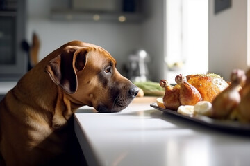 Dog sitting in front of kitchen table with roasted chicken or turkey