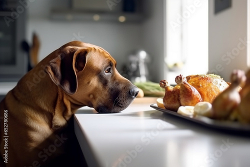 Dog sitting in front of kitchen table with roasted chicken or turkey