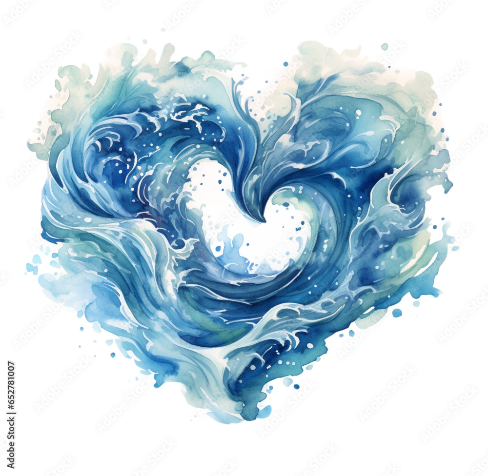 Watercolor illustration sea wave heart shape. Generative AI, png image.