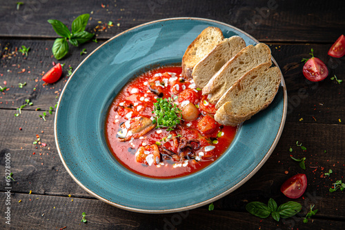 Tomato soup with seafood. Menu for a restaurant. Beautiful composition on wooden boards.