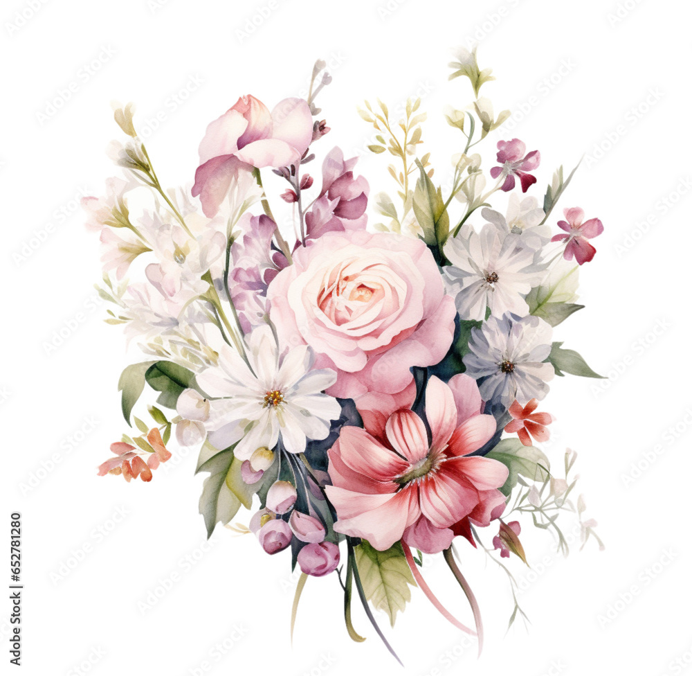 Watercolor illustration of spring flowers bouquet. Generative AI, png image.