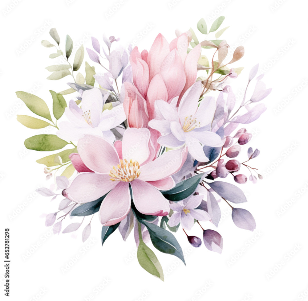 Watercolor illustration of spring flowers bouquet. Generative AI, png image. Watercolor illustration of spring flowers bouquet. Generative AI, png image.
