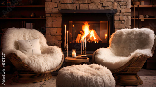 Cozy fireplace seating area with a fur rug and wingback chairs. photo