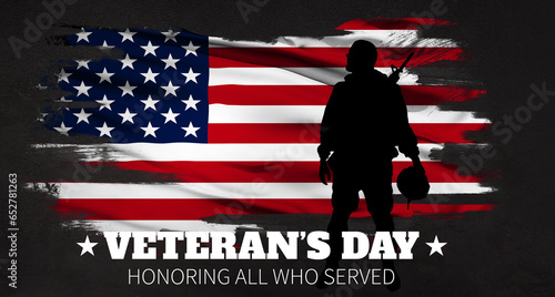 Veterans Day. America, USA flag. Text Honoring all who served. 3d illustration. photo