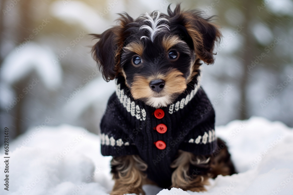 Cute dog wearing knitted black sweater in cold snow landscape. Cute dog wearing knitted black sweater in cold snow landscape.