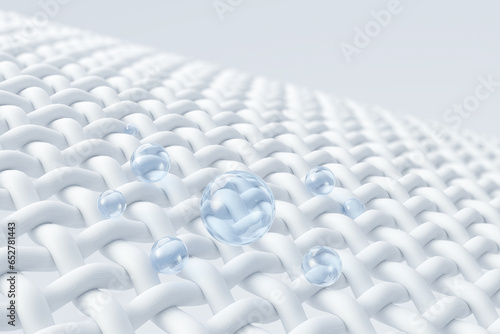 Close-up fabric fiber with water bubble deep cleaning, remove stain, Macro fabric fiber of cloth, 3d rendering.