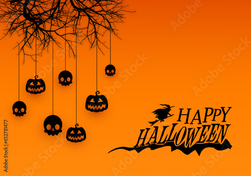 Happy Halloween Background vector illustration. Halloween hanging pumpkins on creepy tree brunch.