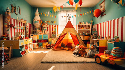 Whimsical nursery with circus themes and soft toys.