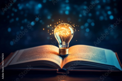 Glowing light bulb on a book, power of knowledge, wisdom from reading and learning concept.