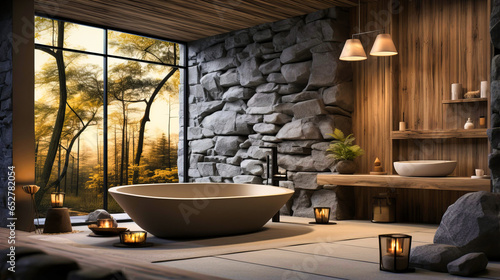 Modern Zen bathroom with a rock garden and wooden accents photo