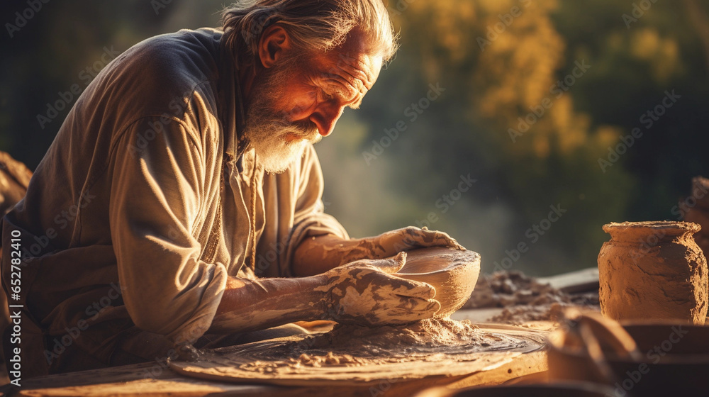 Potter shaping clay on a spinning wheel. Earth's molder. An artisan breathing life into mud, creating functional art. - obrazy, fototapety, plakaty 