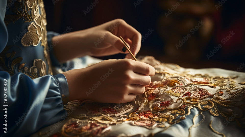 Seamstress crafting intricate embroidery on fabric. Weaver of dreams. A skilled hand sewing stories and elegance into cloth - obrazy, fototapety, plakaty 