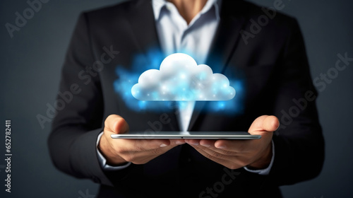 Businessman hands holding tablet computer and cloud computing technology infographic. 