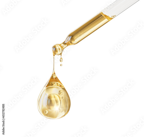 Cosmetic pipette with Cosmetic Essence oil Liquid drop on a white background, 3d rendering. photo