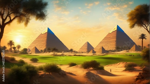 Ancient egypt with pyramids of GIza, grass and palms. Highly detailed and realistic illustration photo