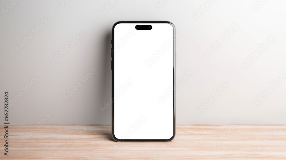 UI UX mockup image of smartphone with blank transparent screen, stands on a table or shelf against a white wall. For apps and websites presentation UI UX mockup image of smartphone with blank transparent screen, stands on a table or shelf against a white wall. For apps and websites presentation