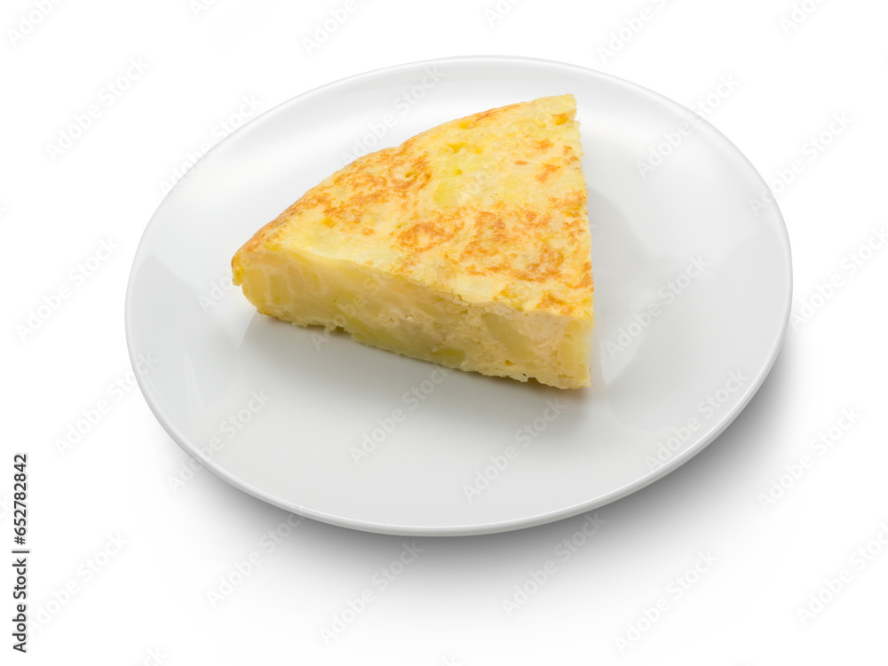 Tortilla de patata española sobre plato en fondo blanco. Spanish potato omelette on plate on white background. Tortilla de patata española sobre plato en fondo blanco. Spanish potato omelette on plate on white background.
