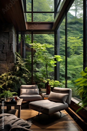 Contemporary Living Space Boasting High Ceilings and Majestic Views of Green Forest - Biophilic Architectural Marvel. Generative AI.
