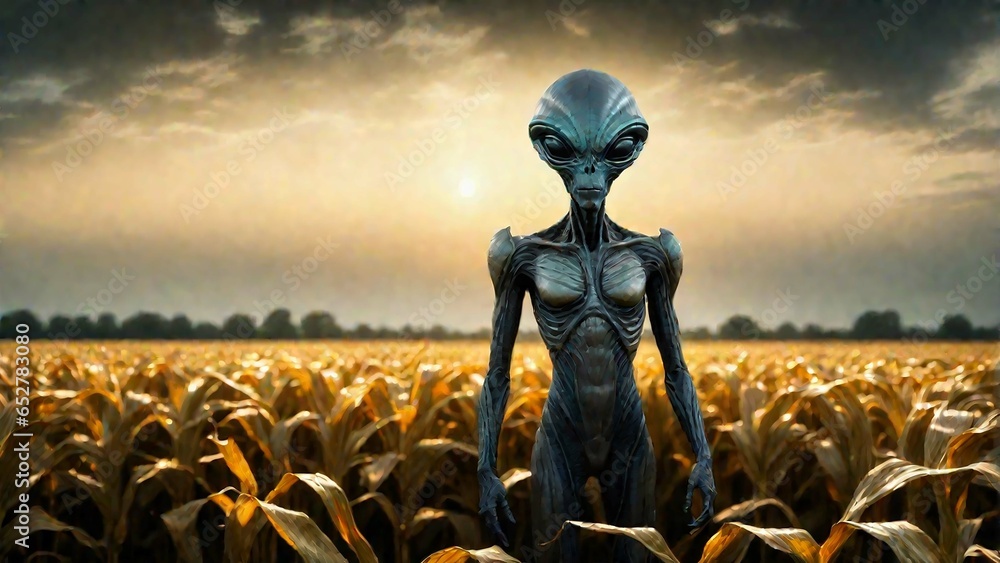 Humanoid Gray Alien in Corn field. ET design in high resolution Stock ...