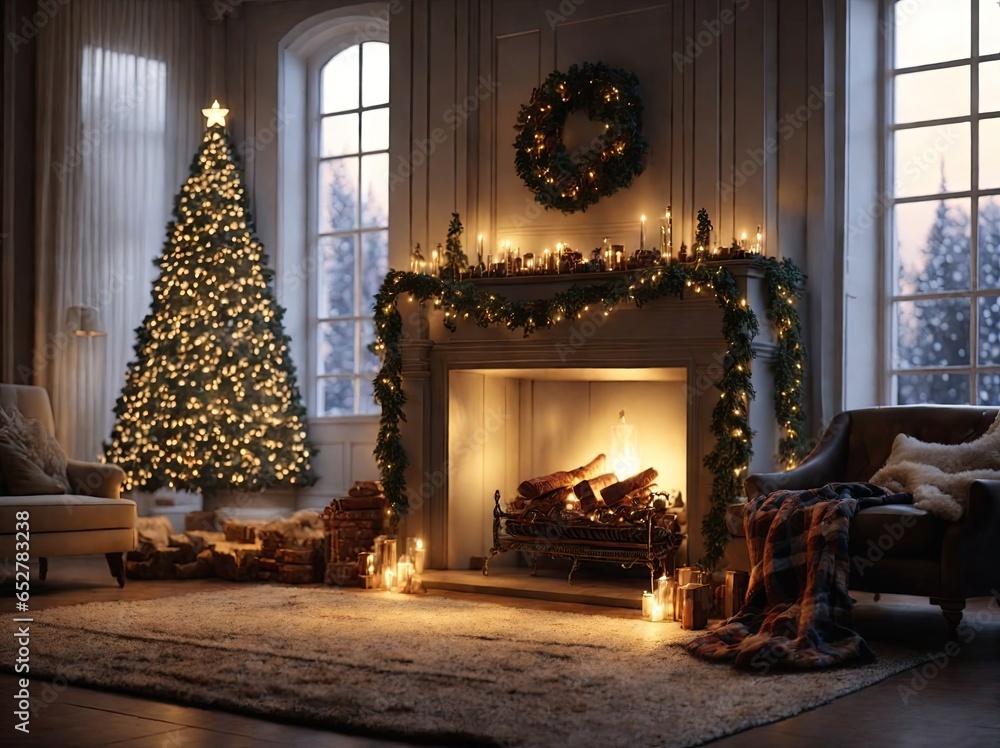 Fireplace Room Christmas Digital Backdrop tree stockings presents christmas tree cozy photography background props studio overlay new year