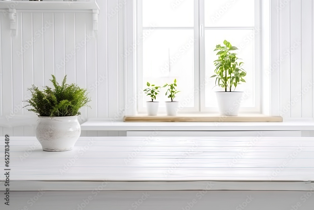 Indoor serenity. Green potted plant on table adds life to modern decor. Houseplant elegance. Stylish touch of nature in white interior. Nature corner. Fresh green on cozy windowsill