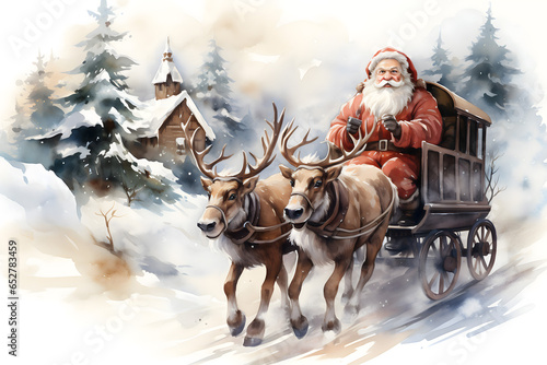 santa claus riding a sleigh with reindeer, christmas