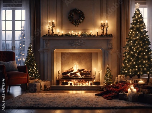 Fireplace Room Christmas Digital Backdrop tree stockings presents christmas tree cozy photography background props studio overlay new year