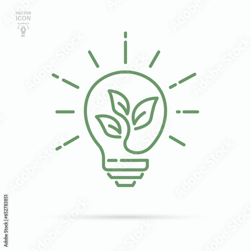 Shining electric ecology light bulb with leaf inside. Sustainable ecological energy icon. Isolated vector illustration