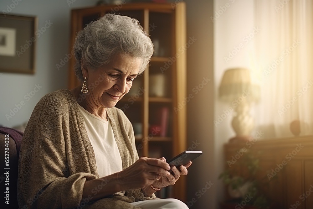 Elderly retired woman at home using modern technologies - smartphone and tablet for communication. Elderly retired woman at home using modern technologies - smartphone and tablet for communication.