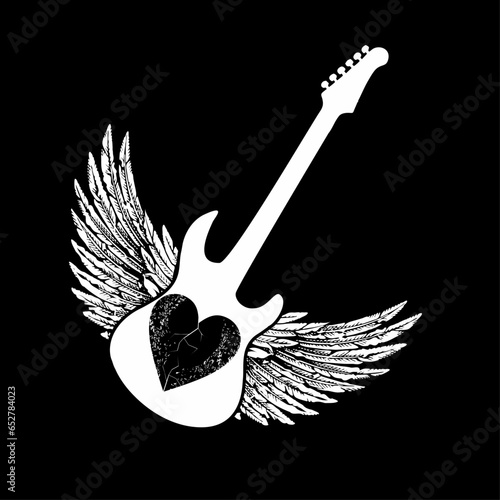 Design for an electric guitar t-shirt with wings and a heart isolated on black. Glam rock poster
