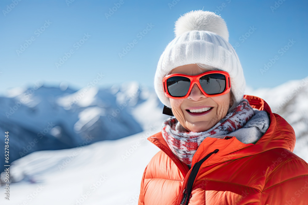 A cheerful old woman enjoys the beauty of winter, her smiling face framed by a hat. She exudes happiness and elegance as she explores the snowy nature, embodying the joy of winter holidays.